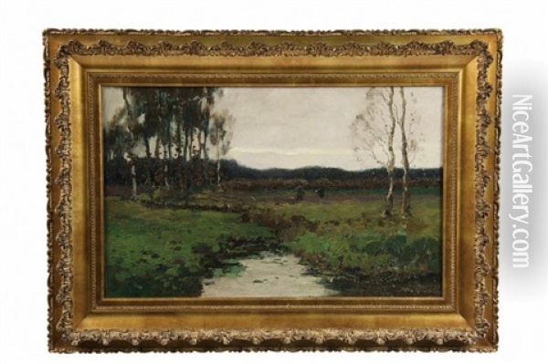 River Landscape With Laborers In Field Oil Painting - Xeno Muenninghoff