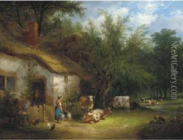 A Milkmaid And Cattle By A Cottage Gate Oil Painting - Henry Shayer