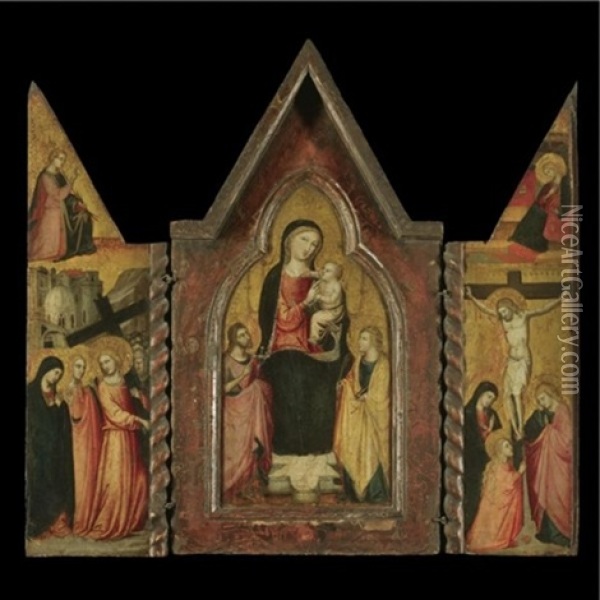 A Portable Triptych: The Madonna And Child With Saints John The Baptist And Catherine; Christ On The Way To Calvary With The Angel Of The Annunciation Above; The Crucifixion With The Virgin Annunciati Oil Painting -  Bicci di Lorenzo