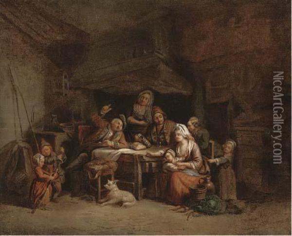 A Family Around A Kitchen Table Oil Painting - Jean Baptiste Greuze