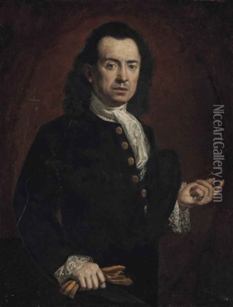 Portrait Of A Gentleman, Half-length, In A Black Coat, With A White Stock And Lace Cuffs, With Gloves In His Right Hand Oil Painting - Carlo Amalfi