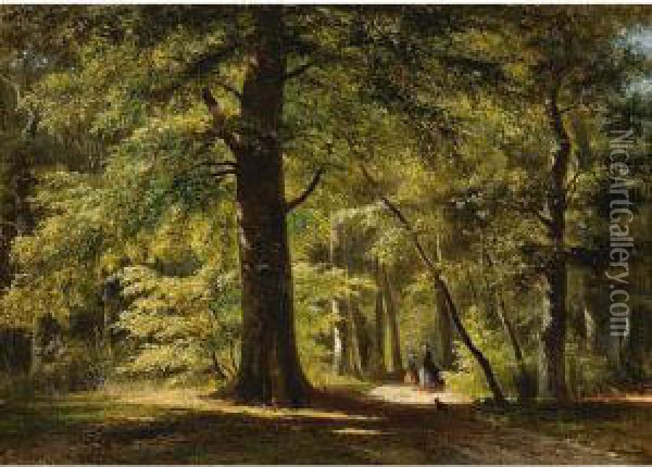 Walking The Dog In The Woods Of Haarlemmerhout Oil Painting - Everhardus Koster