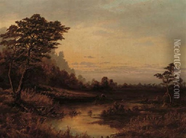 A Woodland Pool At Dusk Oil Painting - Leon Richet
