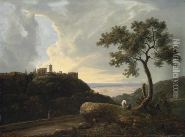 An Extensive Classical Landscape
 With An Artist Sketching The Temple Of The Sibyl And The Temple Of 
Tiburtius, Tivoli Oil Painting - Richard Wilson