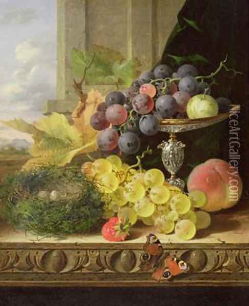 Still life of fruit a tazza and a birds nest Oil Painting - Edward Ladell