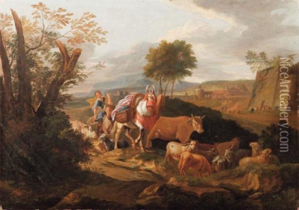 Paesaggio Laziale Con Armenti E Pastore Oil Painting - Pieter van Bloemen