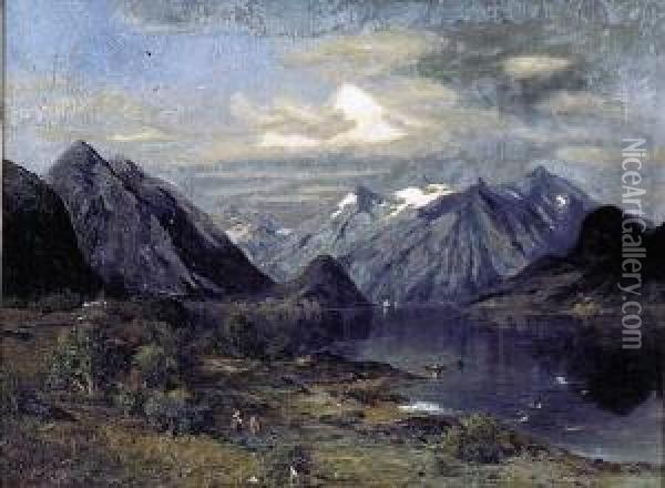 Fjord Mit Figurenstaffage Oil Painting - Carl August H. Oesterley
