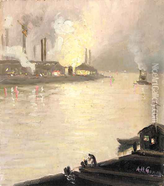 Factories Along the River at Night Oil Painting - Aaron Harry Gorson