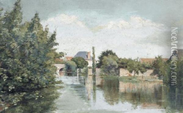 Flussuferpartie Am Dorfrand. Oil Painting - Lucien Griveau