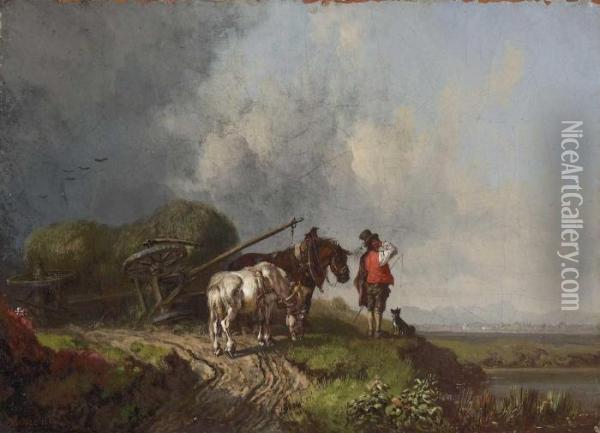 Der Umgesturzte Heuwagen Oil Painting - Heinrich Burkel