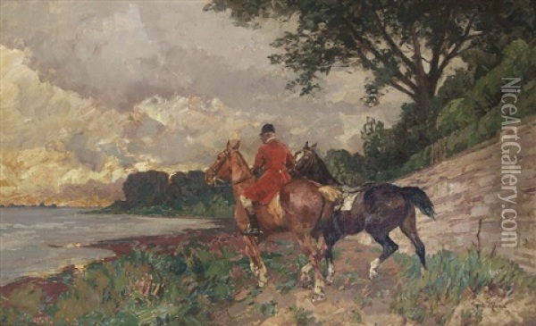 Rider At The Lake Oil Painting - Gustav Marx