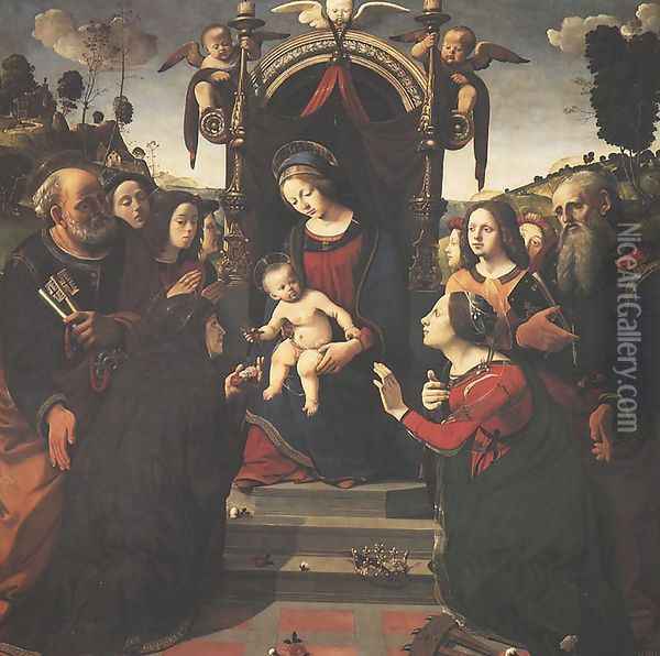 Madonna and Child with Saints and Angels (Madonna col Bambino, angeli e santi) Oil Painting - Piero Di Cosimo