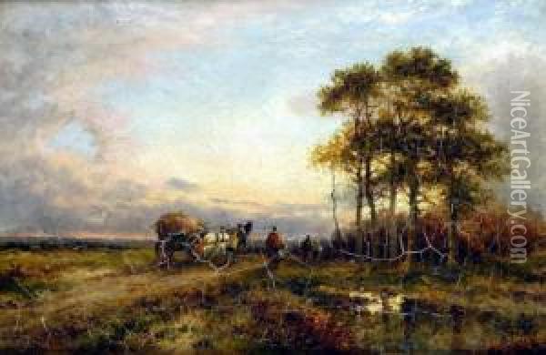 Returning From The Fields, Sunset With Figures And Hay Cart Oil Painting - Carl Brennir