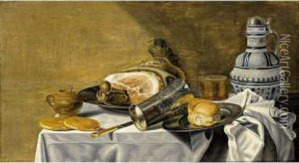 A Still Life With A Ham And A Bun On Pewter Plates, A Silver-gilt Beaker, A Beer Glass, A Stoneware Jug, A Knife, Bread And A Stoneware Mustard Jar, All On A Table Draped With A White Tablecloth Oil Painting - Pieter Van Berendrecht