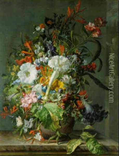 Flowers, A Pineapple And A Cactus In A Boettger Stoneware Urn With A Pale Clouded Yellow Butterfly On A Marble Ledge Oil Painting - Rachel Ruysch