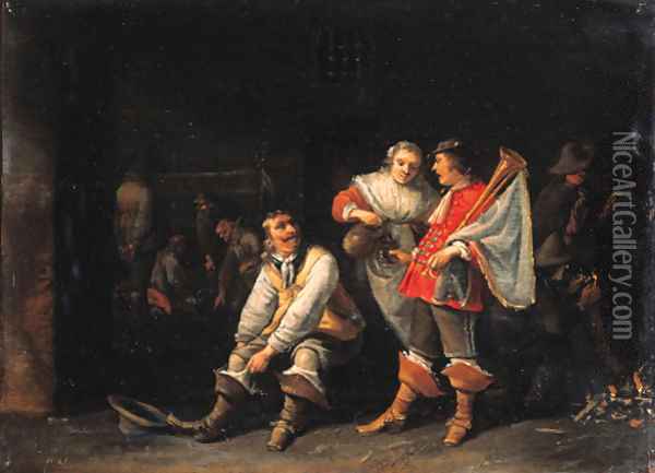 An officer pulling on his boot as a maid serves drink to a trumpeter in a guardroom Oil Painting - Anthonie Palamedesz