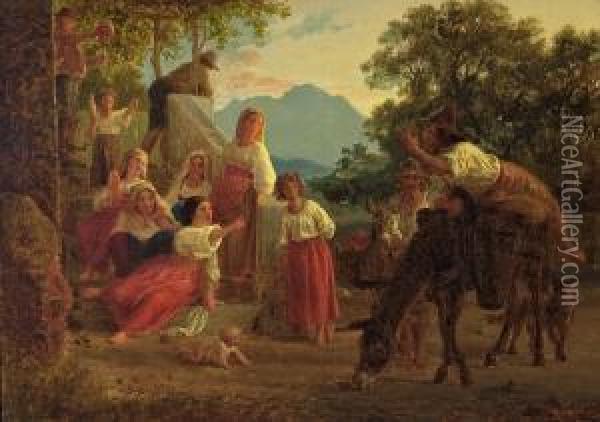 Italian Scenery With Figures Oil Painting - Lorenz Frolich