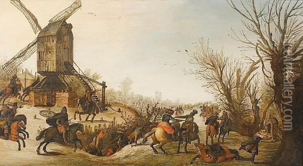 Travellers Ambushed On A Snow-covered Path Before A Windmill Oil Painting - Sebastien Vrancx
