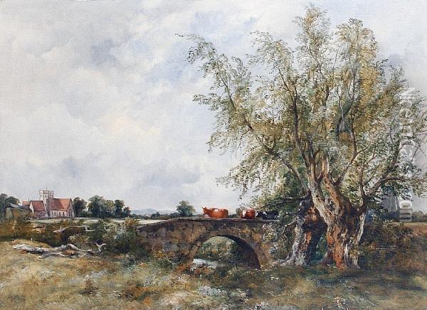 Cattle Crossing A Bridge With A Church Beyond Oil Painting - Frederick Waters Watts