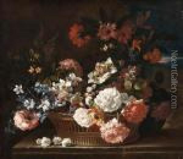 Roses, Narcissi, A Hyacinth, 
Primulae, Jasmine, Carnations Andother Flowers In A Wicker Basket On A 
Stone Ledge, A Landscapebeyond Oil Painting - Jean-Baptiste Monnoyer