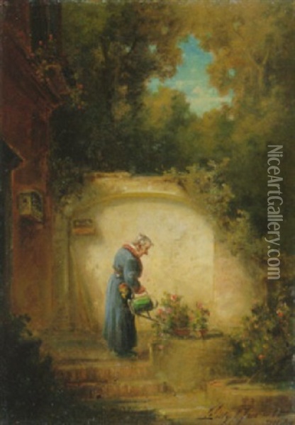 Ein Blumenfreund Giest Im Hof Seines Hauses Die Rosenstauden Im Topf Oil Painting - Willy Moralt