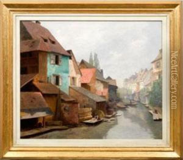 Sommerliche Stadtansicht Mit Wascherin Am Fluss Oil Painting - Karl Friedrich H. Schuster