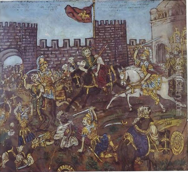 Konstantinos Paleologos Emperor Of The Greco-Romans In The Battle Of The 29th May 1453 Oil Painting - Theofilos (Hadjimichail)