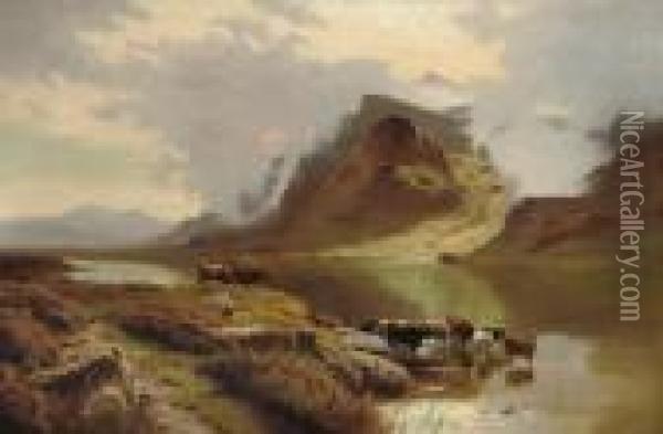 Cattle Watering In A Mountain Lake Oil Painting - Sidney Richard Percy