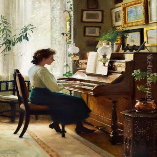 The Painter's Daughter Playing The Piano In The Family's Home At Sofievej In Hellerup Oil Painting - Paul-Gustave Fischer