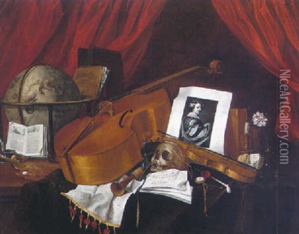 A Vanitas Still Life With A Globe, A Cello And Other Instruments, A Portrait Of Sir Anthony Van Dyck And Other Objects Before A Swagged Curtain Oil Painting - Jacques Grief De Claeuw