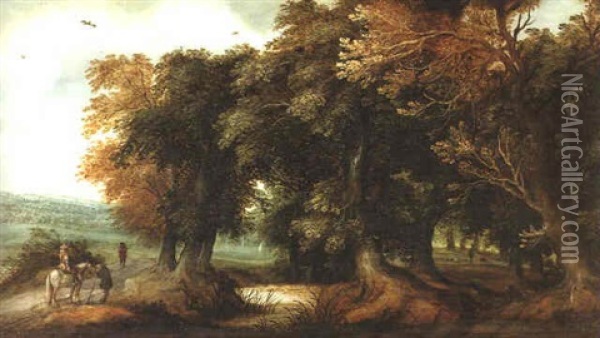 A Wooded Landscape With Travellers On A Country Path, An Extensive Landscape Beyond Oil Painting - Willem Van Den Bundel