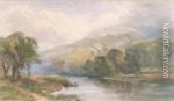 Figures On A Ferry Boat In A Mountainous River Landscape Oil Painting - Edmund Morison Wimperis