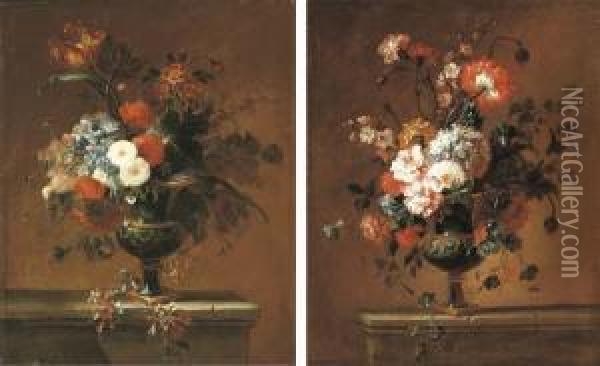 Carnations, Peonies, Narcissi 
And Other Flowers In An Urn On A Ledge; And A Parrot Tulip, Peonies And 
Other Flowers In An Urn On A Ledge Oil Painting - Jacques Charles Oudry