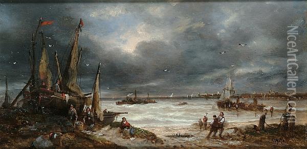 Fisherfolk On The Shore Oil Painting - John Anthony Puller