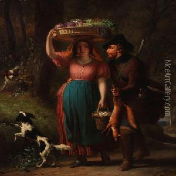 A Hunter Is Flirting With A Girl On Her Way To The Market With Vegetables And Eggs Oil Painting - Francois Verheyden