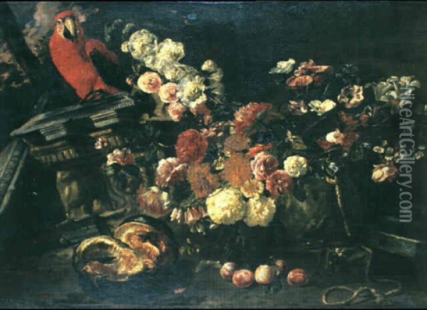 Floral Still Life With A Parrot Oil Painting - Pieter Boel