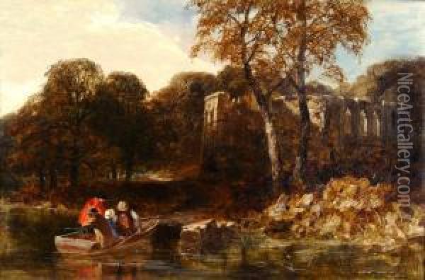 Figures In A Boat Approaching A Ruined Abbey Oil Painting - James Peel