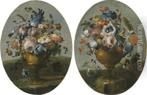 A Pair Of Still Lifes Of Roses, 
Anemones, Tulips And Other Flowers In Bronze Urns, Resting Upon Stone 
Ledges Oil Painting - Francesco Guardi