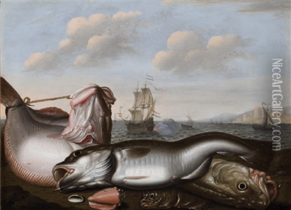 A Fish Still Life On A Beach With A Cod, Dutch Shipping Beyond Oil Painting - Willem Ormea