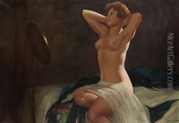 Weiblicher Akt, Sich Im Spiegel Betrachtend Oil Painting - Eduard Ansen-Hofmann