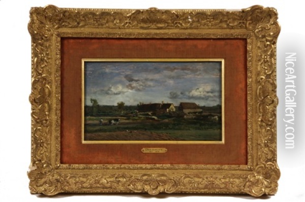 French Farm With Farmer At Plow Oil Painting - Charles Francois Daubigny