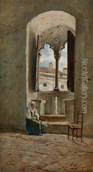 Interior Of An Italian Palazzo With A Girl Sitting By The Window Oil Painting - Holger Hvitfeldt Jerichau