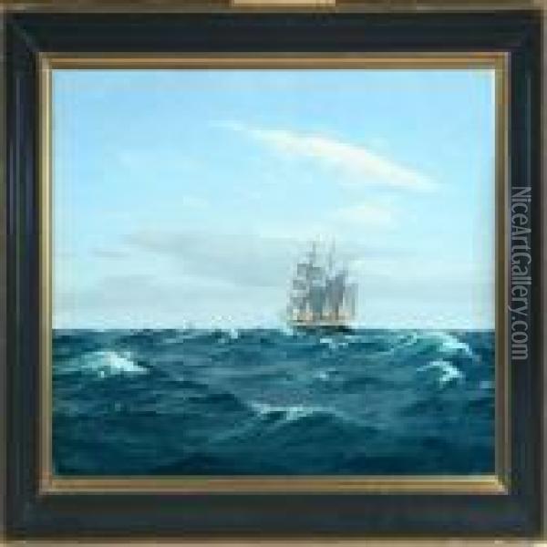 A Three Mastet Scooner At Sea Oil Painting - Christian Benjamin Olsen