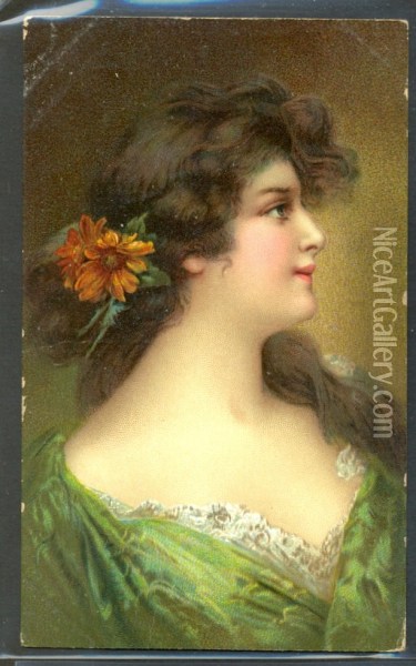 Beautiful Lady Red Flower In Hair Oil Painting - Anonymous Artist