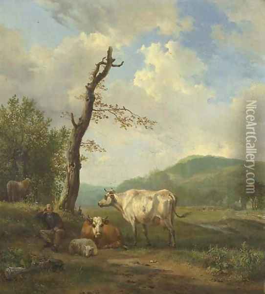 A hilly landscape with a shepherd and his flock resting by a tree Oil Painting - Hendrikus van den Sande Bakhuyzen