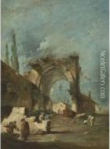 A Capriccio Of Buildings With Figures By A Ruined Arch Oil Painting - Francesco Guardi