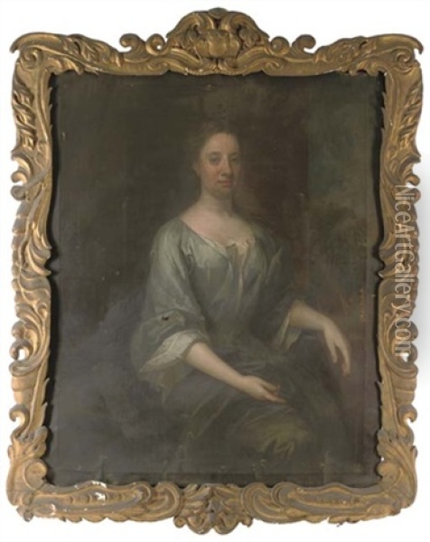 Portrait Of The Duchess Of Roxburghe, As Marchioness Of Bowmont, Three-quarter-length, In A Grey Dress, With A Coronet On A Table By Her Side (collab. W/studio Of Richardson) Oil Painting - Jonathan Richardson