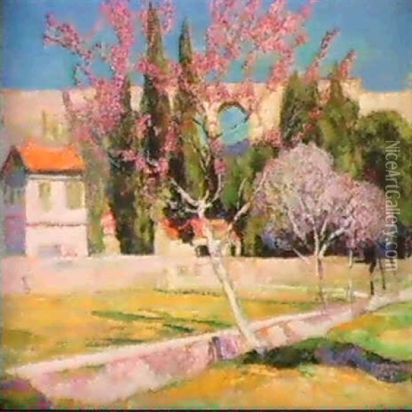 Pecher En Fleurs Sous Le Viaduc A Bandol Oil Painting - Victor Charreton