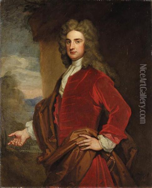 Portrait Of Sir John Rushout, 
4th Bt. (1684-1775),three-quarter-length, In A Red Coat And Brown Wrap, 
In A Woodedlandscape Oil Painting - Sir Godfrey Kneller