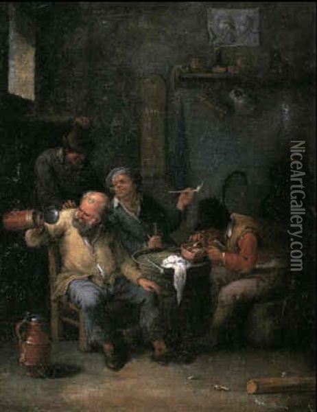 An Interior With Three Seated Peasants Smoking And Drinking Around A Barrel With A Fellow Standing Beneath A Window Oil Painting - Matheus van Helmont